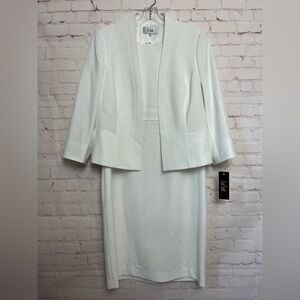 Le Suit Crepe Open Front Jacket & Crewneck Sheath Dress Suit